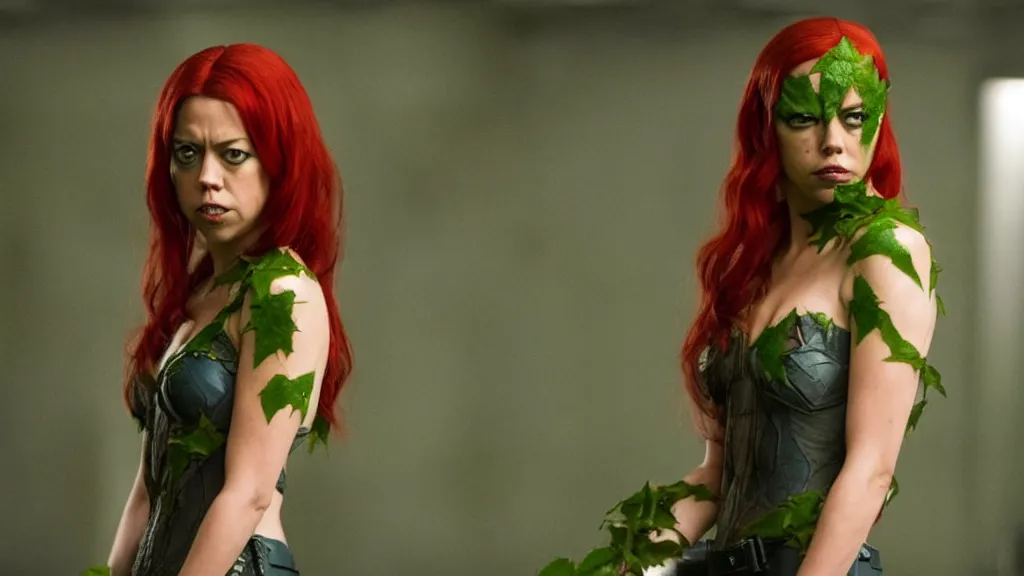 Image similar to Aubrey Plaza as Poison Ivy in The Dark Knight, green skin film still from the movie directed by Denis Villeneuve, wide lens