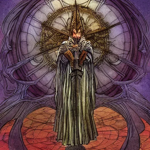 Prompt: album art priest casting divine spacesword spell , in the style of Greg Broadmore and Arthur Rackham and Moebius,trending on artstation, light lighting side view,digital art,surrealism ,macro,blueprint ,vaporwave ,