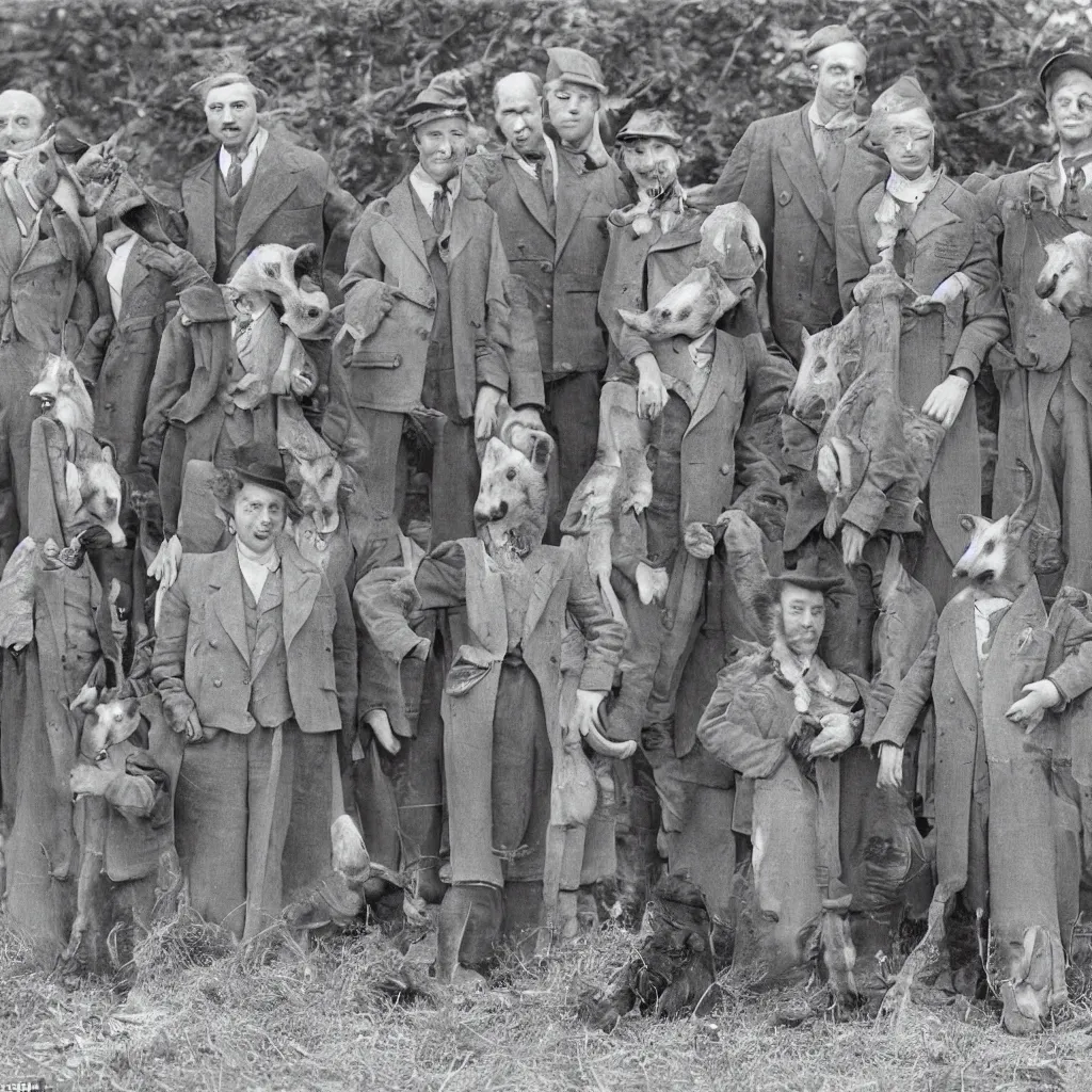 Image similar to a group of badgers in 1 9 4 0 s suits, standing upright like people, anthropomorphic, style of beatrix potter, rendered as a highly detailed photograph