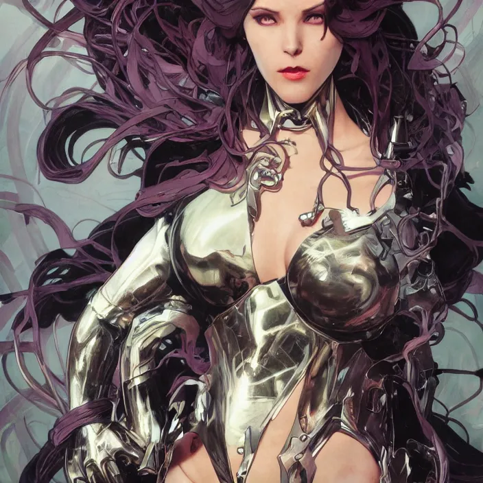 Image similar to a beautiful female super villain being evil, ultra realistic, concept art, intricate details, serious, powers, highly detailed, anime, 8 k, art by todd mcfarlane and artgerm and greg rutkowski and alphonse mucha