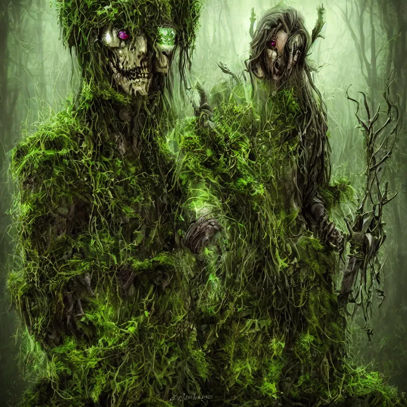 Image similar to an undead druid/knight covered in moss and vines in the style of anti-art trending on artstation deviantart Pinterest detailed realistic HD 8k High Resolution