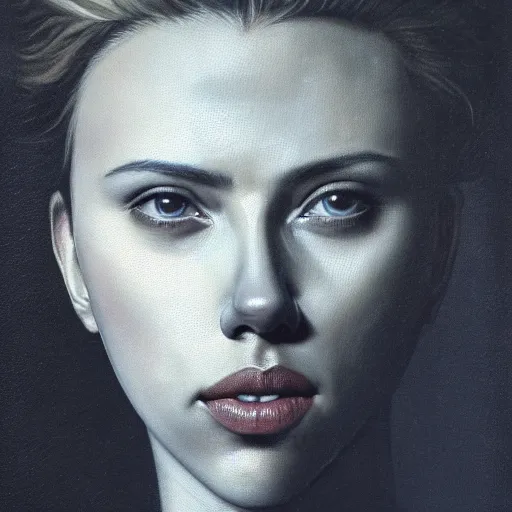 Image similar to a portrait of Scarlett Johansson, facing front, by Rogier van der Weyden, oil painting, anatomically correct, beautiful perfect face, sharp focus, Highly Detailed, Cinematic Lighting, 8k, HD