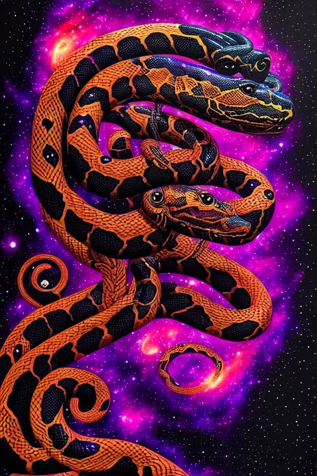 Image similar to a close up portrait of a purple ornate serpent spirit head statue, orange eyes, black paper, galaxy, nebula, billions of details, beautiful intricate painting by kokaris