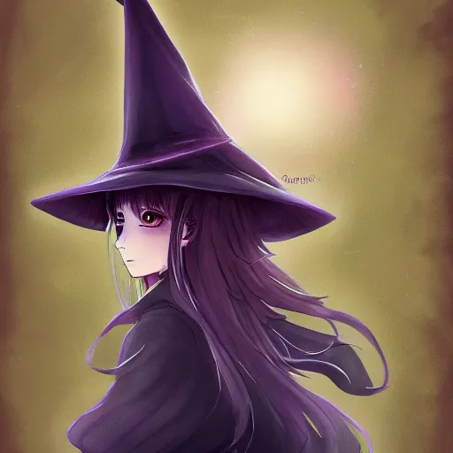 Image similar to a beautiful anime illustration of a witch with large wizard hat, featured on artstation, deviantart, conceptartworld, cgartist, vivid colors, airy theme