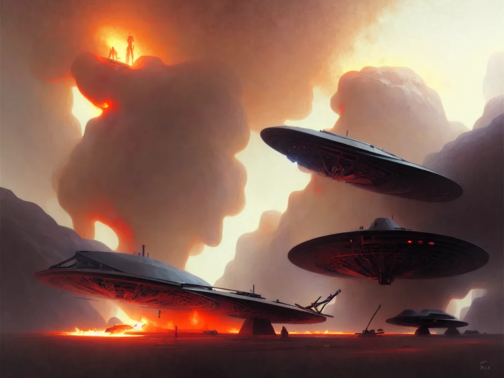 Image similar to UFO crash site, fires, smoke, dust, concept art, intricate, digital painting, smooth, sharp focus, illustration, from Metal Gear, by Ruan Jia and Mandy Jurgens and William-Adolphe Bouguereau, Artgerm,