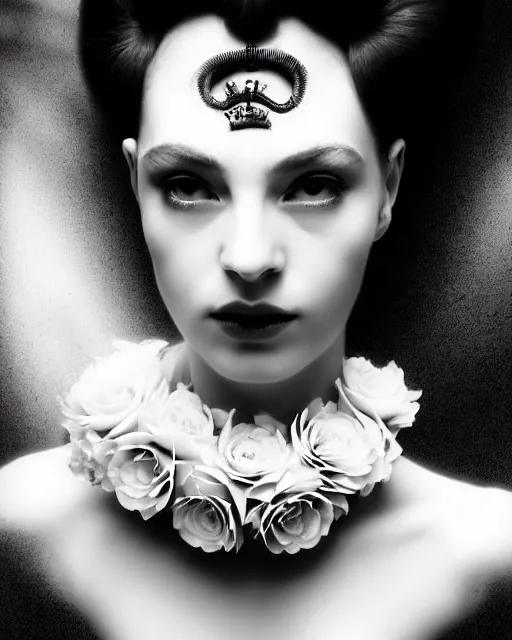 Image similar to a black and white high quality dreamy photo of a young beautiful female queen-pale dragon-vegetal-many big steampunk flowers-cyborg bust with a very long neck, elegant, highly detailed, poetic, soft, dreamy, mysterious, high fashion, in the style of Horst P. Horst, Realistic, Refined, Digital Art, Highly Detailed, Cinematic Lighting, rim light, black and white, photo-realistic, 8K