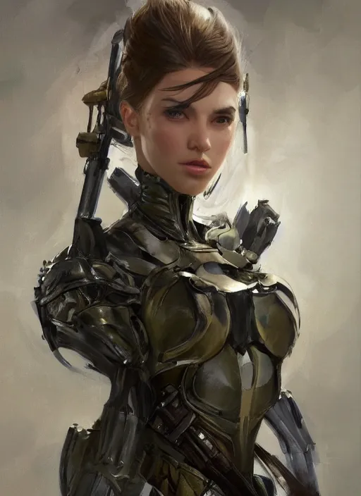 Image similar to a professional painting of a beautiful young female, clothed in military armor, olive skin, long dark hair, beautiful bone structure, symmetrical facial features, intricate, elegant, digital painting, concept art, smooth, sharp focus, illustration, from Metal Gear, by Ruan Jia and Mandy Jurgens and Artgerm and William-Adolphe Bouguerea