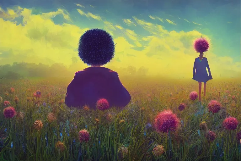 Image similar to giant thistle flower under head, a girl in a suit in field of flowers, surreal photography, sunrise, blue sky, dramatic light, impressionist painting, digital painting, artstation, simon stalenhag