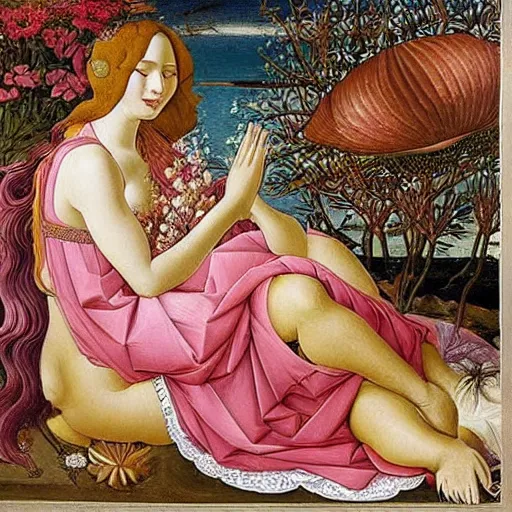 Image similar to an ultradetailed mythological oil painting of a beautiful woman with long brown hair, full body, wearing pink floral gown, lying asleep inside a giant scallop shell, near the seashore, intricate lines, elegant, renaissance style, by sandro botticelli