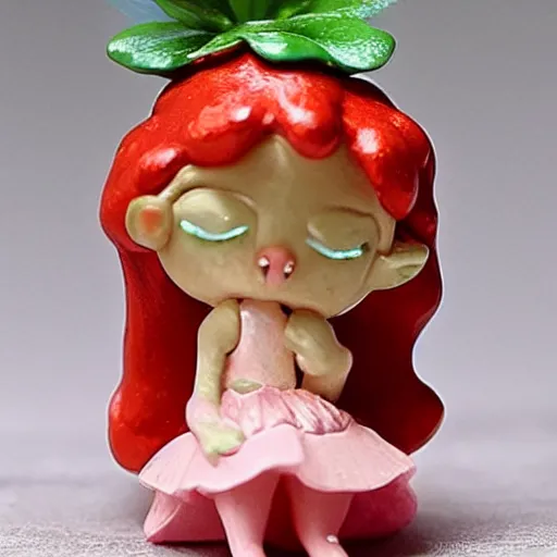 Prompt: a femo figurine of a cute funny strawberry fairy with a frilly floral dress featured in the very hungry caterpillar, by loish