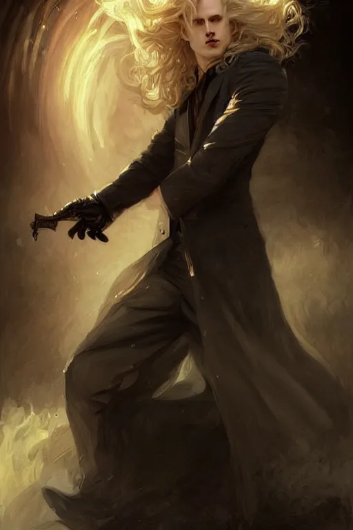 Image similar to johan liebert mixed with alucard picture by Greg Rutkowski, long fluffy blond curly hair, baroque curls, dynamic pose, matte painting, intricate, z brush, fantasy concept art, elegant, fat body type, by Stanley Artgerm Lau, WLOP, golden ratio, thomas kindkade, alphonse mucha, loish, Peter chung, norman Rockwell,