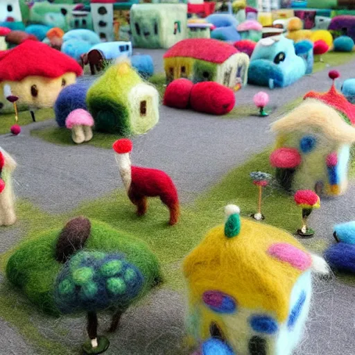 Image similar to a needle felted city, needle felting art.