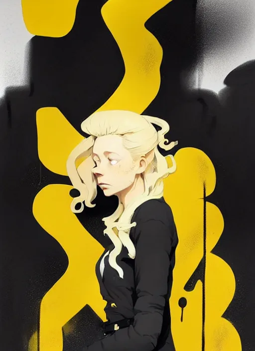 Image similar to highly detailed closeup portrait of beautiful portia doubleday, blonde wavy hair, angela moss, black suit by atey ghailan, by greg rutkowski, by greg tocchini, by james gilleard, by joe fenton, by kaethe butcher, gradient yellow, black and white color scheme, grunge aesthetic!!! ( ( graffiti tag wall background ) )