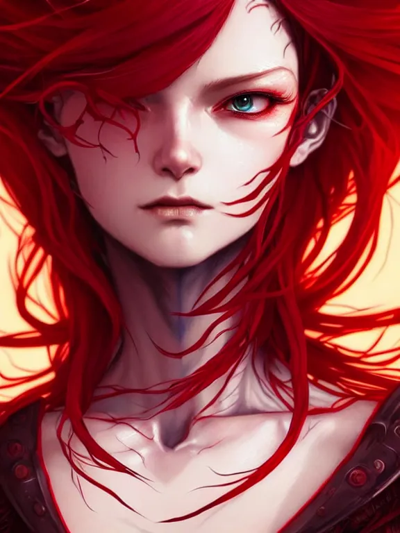 Prompt: close up picture of a red witch with exoskeleton, bored, coveted, beautiful and aesthetic, intricate, unreal engine, messy hair, highly detailed, detailed face, smooth, sharp focus, chiaroscuro, manga illustration, artgerm, greg rutkowski, ilya kuvshinov, rossdraws, alphonse mucha, young adult light novel cover art