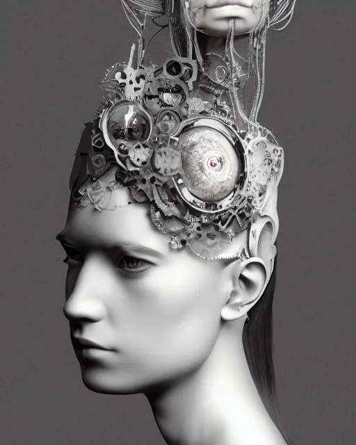 Image similar to black and white dreamy foggy smoky profile face portrait, one silver steampunk eye biomechanical beautiful young female cyclope - cyborg - robot bust, body ribs meshes,, volumetric light, hibiscus flowers, by hg giger, rim light, by dora maar and cecile beaton, big gothic fashion pearl embroidered collar, 8 k