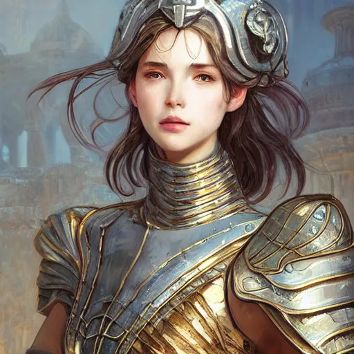 Image similar to portrait knights of Zodiac girl, silver and ice color reflected armor, in ruined Agora of Athens, ssci-fi, fantasy, intricate, very very beautiful, elegant, golden light, highly detailed, digital painting, artstation, concept art, smooth, sharp focus, illustration, art by tian zi and WLOP and alphonse mucha