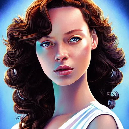 Image similar to a beautiful scenic painting of a beautiful young woman that looks like rebecca ferguson by artgerm and wlop and wes anderson and spike jonze