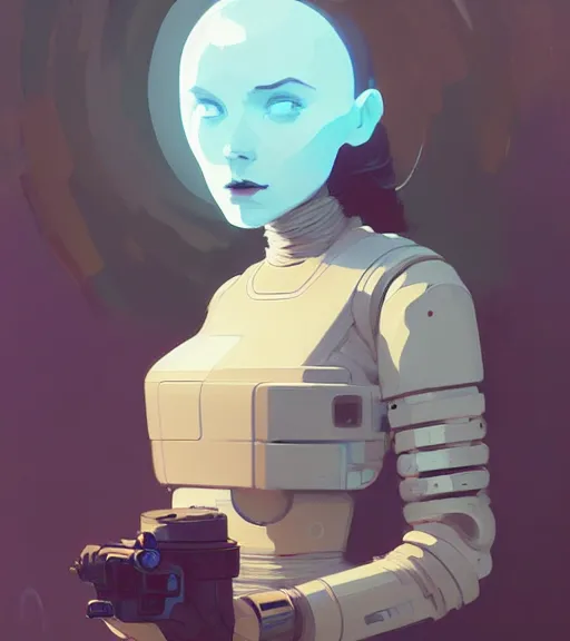 Image similar to portrait of a female android with a human heart by atey ghailan, by greg rutkowski, by greg tocchini, by james gilleard, by joe fenton, by kaethe butcher, dynamic lighting, gradient light blue, brown, blonde cream and white color scheme, grunge aesthetic