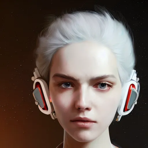 Image similar to a white haired girl wearing earmuffs with cyborg eyes, digital art, 8 k resolution, unreal engine, highly detailed, pretty face, very beautiful face, very detailed eyes, photorealistic by wlop, greg rutkowski