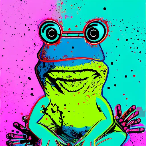 Image similar to illustration of cyberpunk frog, colorful splatters, by andy warhol and by zac retz and by kezie demessance