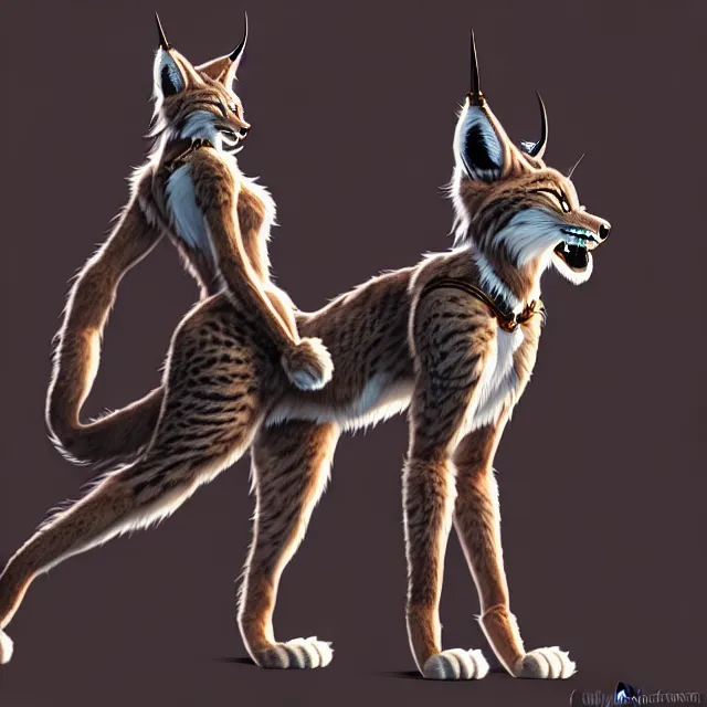 Image similar to the full body of anthropomorphic lynx fursona from behind wearing a steampunk suit as unimaginably beautiful, gorgeous, elegant, young woman with lynx head, an ultrafine hyperdetailed illustration by furaffinity, intricate linework, white fur, unreal engine 5 highly rendered, global illumination, radiant light, detailed and intricate environment