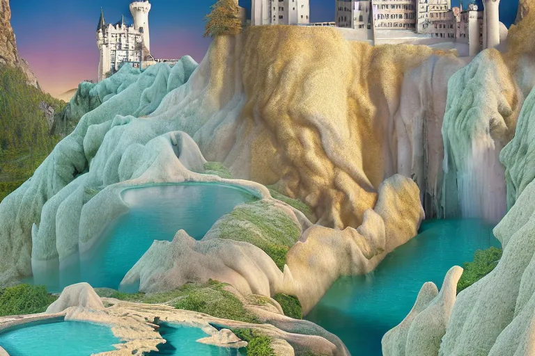 Image similar to neuschwanstein castle on pamukkale thermal waters flowing down gold travertine terraces in royal blue antelope canyon during sakura season on an interstellar aurora borealis with heavy thunder and lightning, pink waterfalls, by peter mohrbacher, james jean, james gilleard, greg rutkowski, vincent di fate, rule of thirds, octane render, beautiful landscape