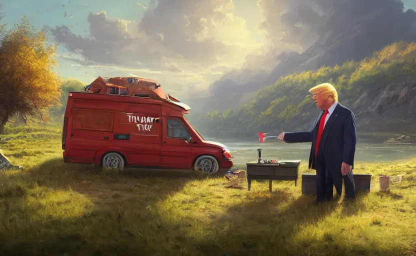 Image similar to highly detailed portrait of donald trump living in a van, down by the river, homeless, stephen bliss, unreal engine, fantasy art by greg rutkowski, loish, rhads, ferdinand knab, makoto shinkai and lois van baarle, ilya kuvshinov, rossdraws, tom bagshaw, global illumination, radiant light, detailed and intricate environment