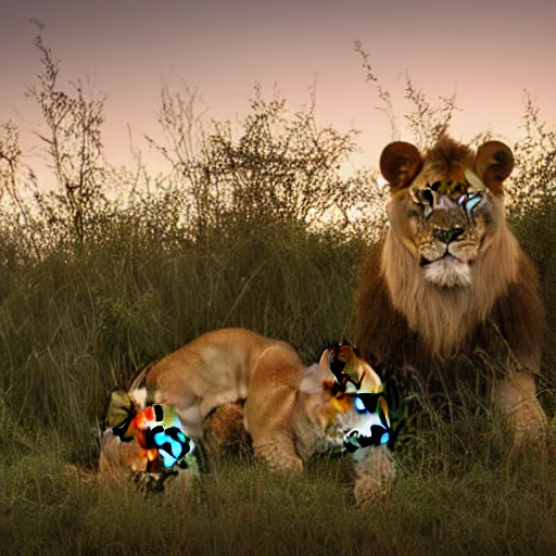 Prompt: Two lions resting in the grass at dusk