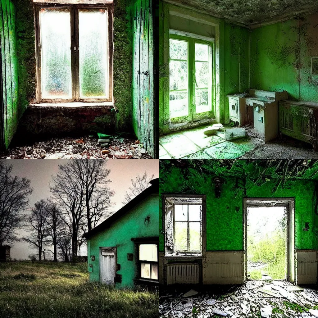 Prompt: abandoned cottage, green light emits from the windows, it is night time, dark!!!!!!!, night!!!!!!