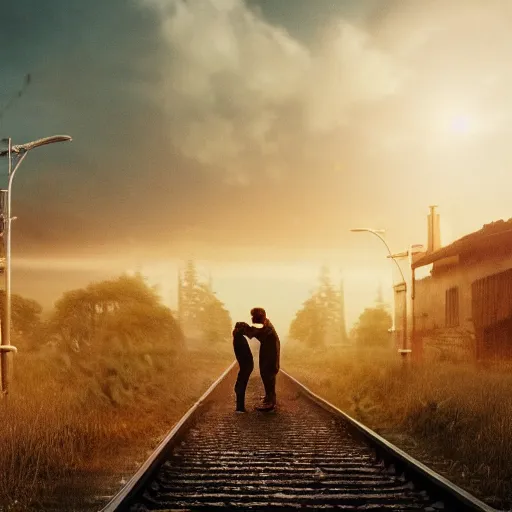 Image similar to two young lovers holding each other for the last time before they leave for war, train station, line of soldier, sunset, mist, 4 k, luminist style, matte painting, artstation