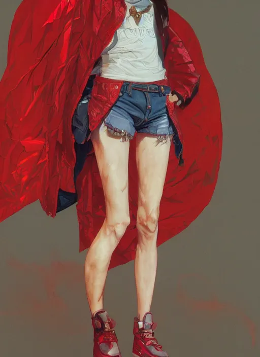 Image similar to full body long shot of Japanese female wearing red futuristic 1980s jacket and torn jean shorts, highly detailed, digital painting, artstation, concept art, sharp focus, illustration, art by greg rutkowski and alphonse mucha