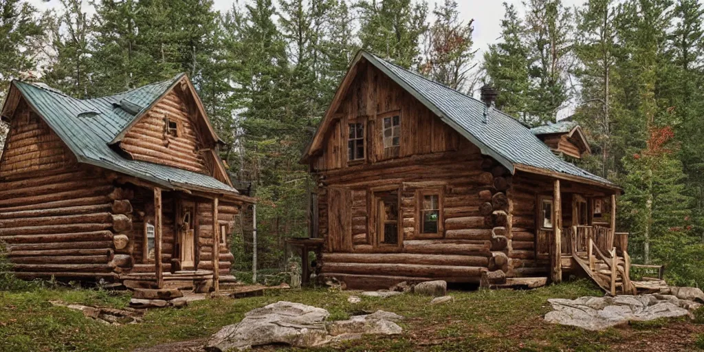 Prompt: stunning rustic cabin exterior in appalachian hills by andreas franke