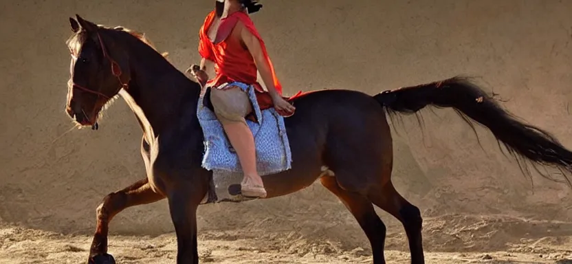 Image similar to “ luffy riding horse, side shot, 8 k resolution, high detailed ”