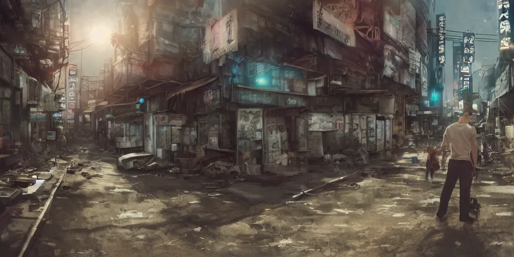 Prompt: incredible screenshot, simple watercolor, soft bloom lighting, paper texture, movie scene, deserted shinjuku junk town, old pawn shop, bright sun bleached ground, mecha cyborg lurks in the foreground, cyberpunk, animatronic, black smoke, pale beige sky, junk tv, texture, strange, impossible, fur, spines, mouth, pipe brain, shell, brown mud, dust, overhead wires, telephone pole, dusty, dry, pencil marks hd, 4k, remaster, dynamic camera angle, deep 3 point perspective, fish eye, dynamic scene