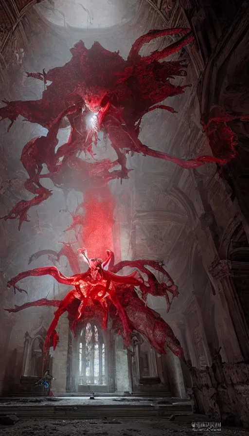 Prompt: a demonic female creature battles astaroth in an abandoned church in the vatican, 8 k, soft lighting, hdr, octane render, cinematic, red fluid on walls of the church, creature design by yasushi nirasawa, smoke, photorealistic, bokeh