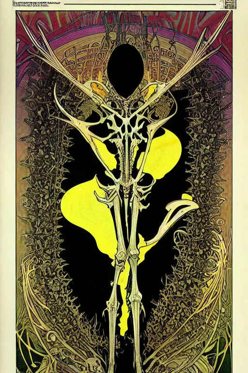 Image similar to black and yellow technicolor color risoprint, alphonse mucha, richard corben, wayne barlowe, moebius, heavy metal comic cover art, psychedelic triangular skeletal calcification fungus lich in darkiron spike armor, full body, hollow eyes, symmetrical face, long black crown, in a dungeon background, moody dark colors