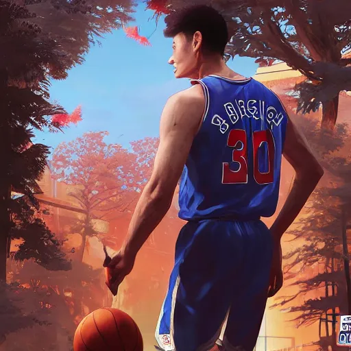 Image similar to highly detailed hanamichi sakuragi of slam dunk, in gta v, stephen bliss, unreal engine, fantasy art by greg rutkowski, loish, rhads, ferdinand knab, makoto shinkai and lois van baarle, ilya kuvshinov, rossdraws, tom bagshaw, global illumination, radiant light, detailed and intricate environment