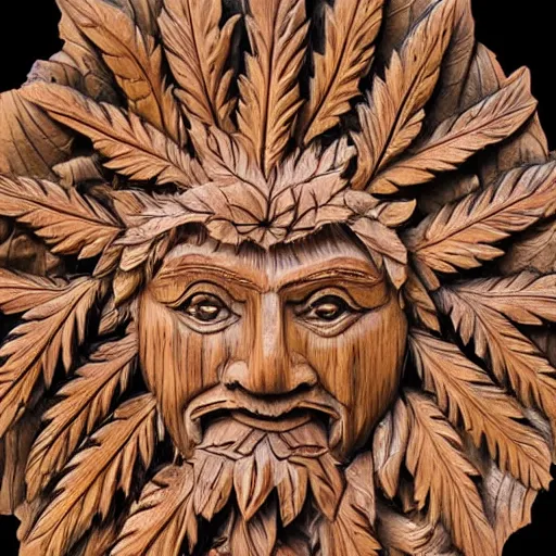 Image similar to deeply carved and stained, highly detailed wood carving depicting the face of the green man, as if made of cannabis fan leaves, resting in a bed of real cannabis leaves