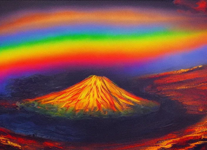 Prompt: rainbow from an erupting volcano at night, cinematic, Intricately detailed acrylic painting,