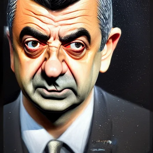 Image similar to hyperrealistic mixed media high resolution painting of (Rowan Atkinson) disguised as !!Batman!!, stunning 3d render inspired art by Jamie Salmon and István Sándorfi and Greg Rutkowski, perfect facial symmetry, dim volumetric lighting, 8k octane beautifully detailed render, full body shot, post-processing, extremely hyper-detailed, intricate, epic composition, highly detailed attributes, highly detailed atmosphere, cinematic lighting, masterpiece, trending on artstation, very very detailed, masterpiece, stunning, flawless completion, lifelike texture, perfection,