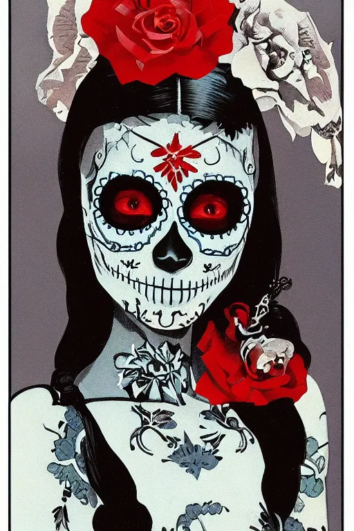 Image similar to Illustration of a sugar skull day of the dead girl, art by dean ellis