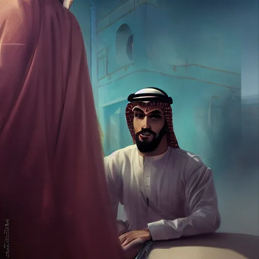 Prompt: arab man traditional outfit smoking inside a car, highly detailed, elegant, sharp focus, anime, digital art, in the style of greg rutkowski and craig mullins 4 k