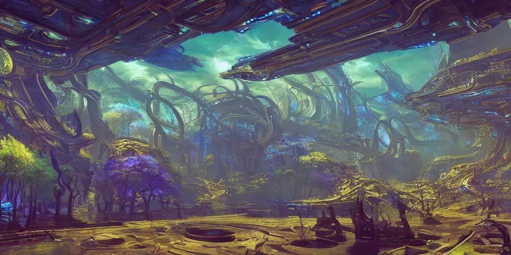 Image similar to a beautiful painting of an elaborate utopian sci - fi scene painted by hr giger and lisa frank, detailed, unreal engine, volumetric lighting, shadows, reflections