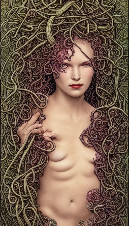 Image similar to very detailed portrait of a 2 0 years old girl surrounded by tentacles, the youg woman visage is blooming from fractal and vines, by gerald brom,