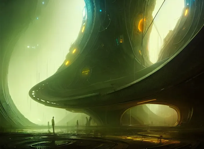 Image similar to a circular portal structure in the centre of an abandoned and overgrown alien city, beautiful curves, sci - fi, fantasy, golden ratio, epic lighting, unusual composition, messy brush strokes, very detailed, 4 k, in the style of blade runner and peter mohrbacher, ominous vibes, harsh lighting