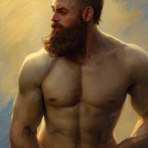 Image similar to detailed cinematic wide shot of muscular attractive young man wearing navy clothing beard slim face symettrical face clean skin blue eyes white hair, ultra realistic, spring light, painting by gaston bussiere, craig mullins, j. c. leyendecker