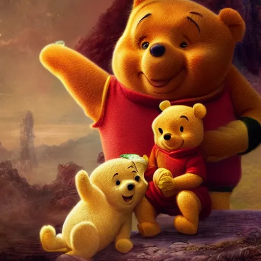 Prompt: chinese president xi jinping and winnie the pooh are best friends, smiling faces side by side, cinematic composition, epic dramatic lighting, realistic, hyperdetailed, photorealistic, photograph, epic scale by gaston bussiere