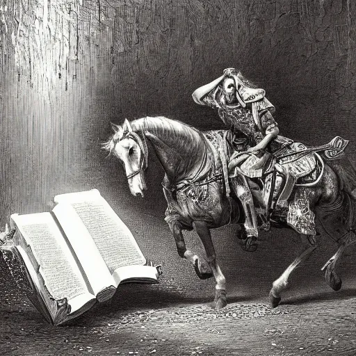 Prompt: big opened book, open book page, don quixote leave the book, cinematic romantic magical masterpiece, by gene wolfe, highly detailed painting by gustave dore