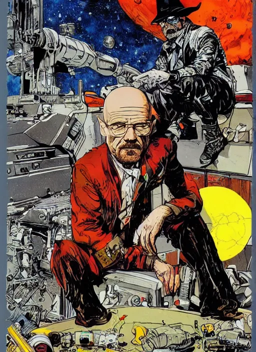 Prompt: Walter White as badass space wizard in retro science fiction cover by ralph steadman, western comic art, inked, detailed, trending on artstation
