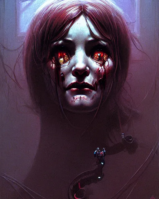 Image similar to d. va from overwatch, character portrait, portrait, close up, concept art, intricate details, highly detailed, horror poster, horror, vintage horror art, realistic, terrifying, in the style of michael whelan, beksinski, and gustave dore